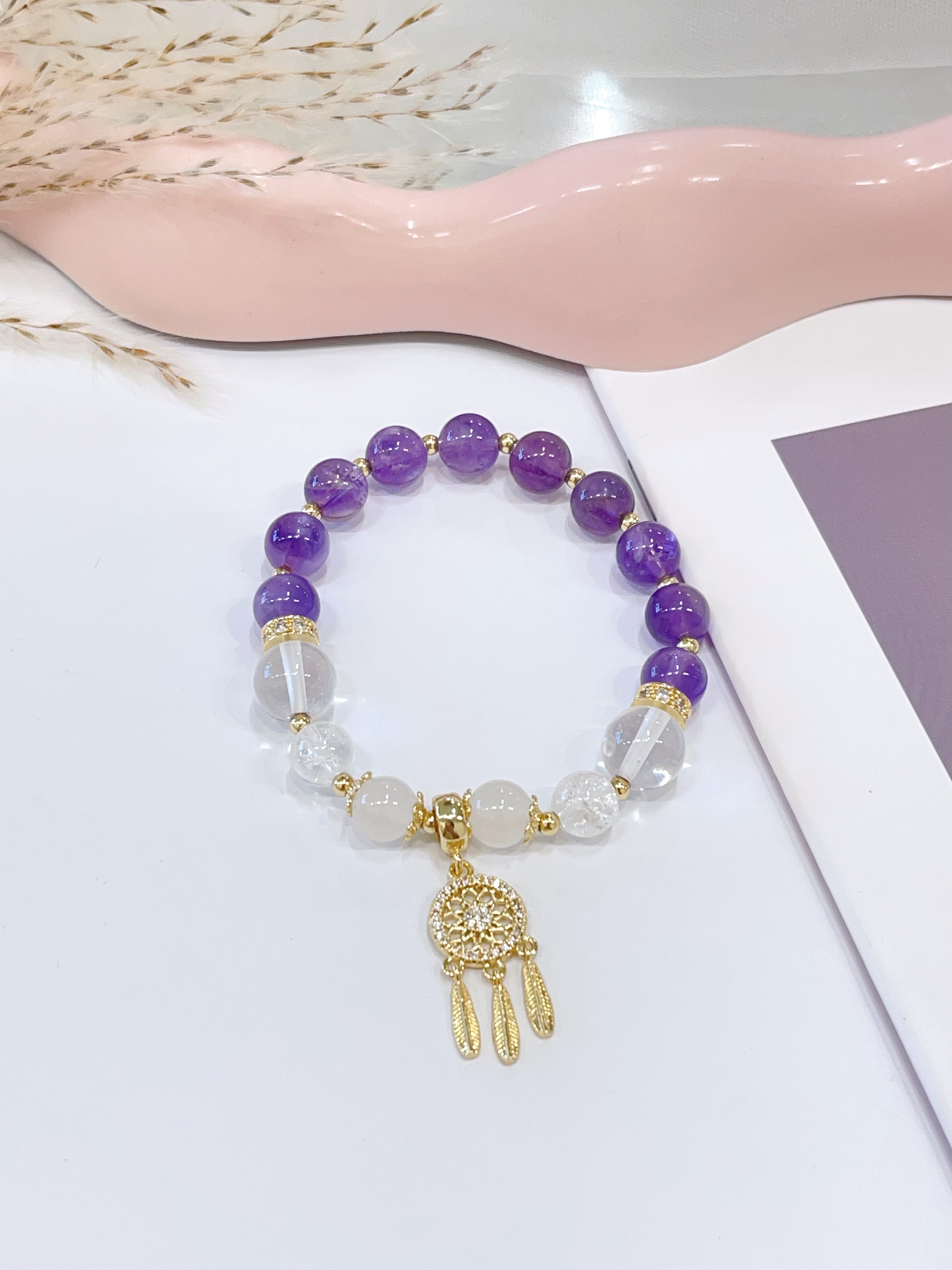 💜🤍 紫水晶 × 白水晶 × 荔枝冻手串 Amethyst, Clear Quartz & Lychee Jelly Stone