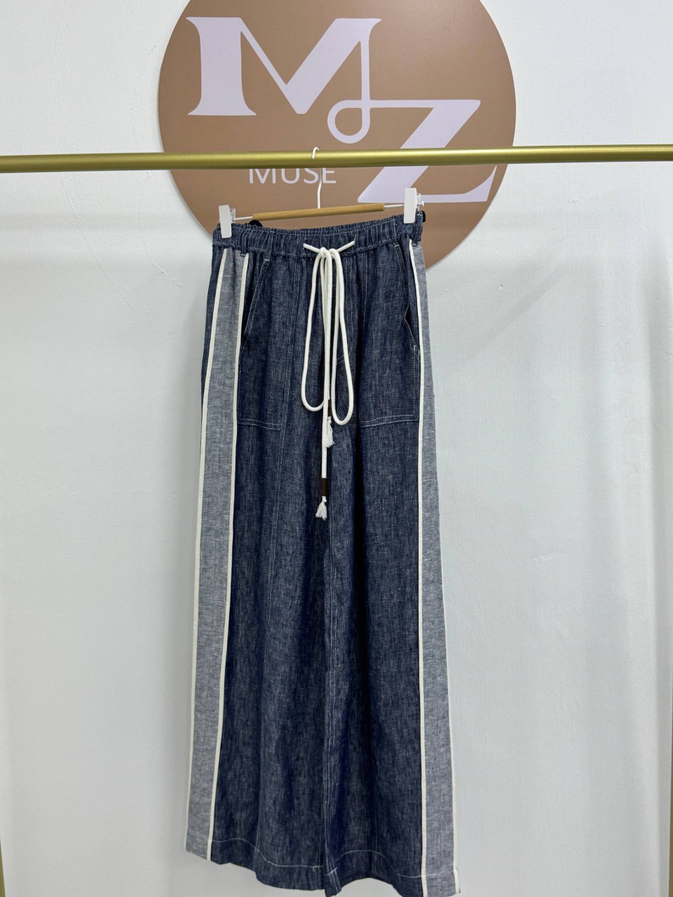 全麻牛仔拼色阔腿裤