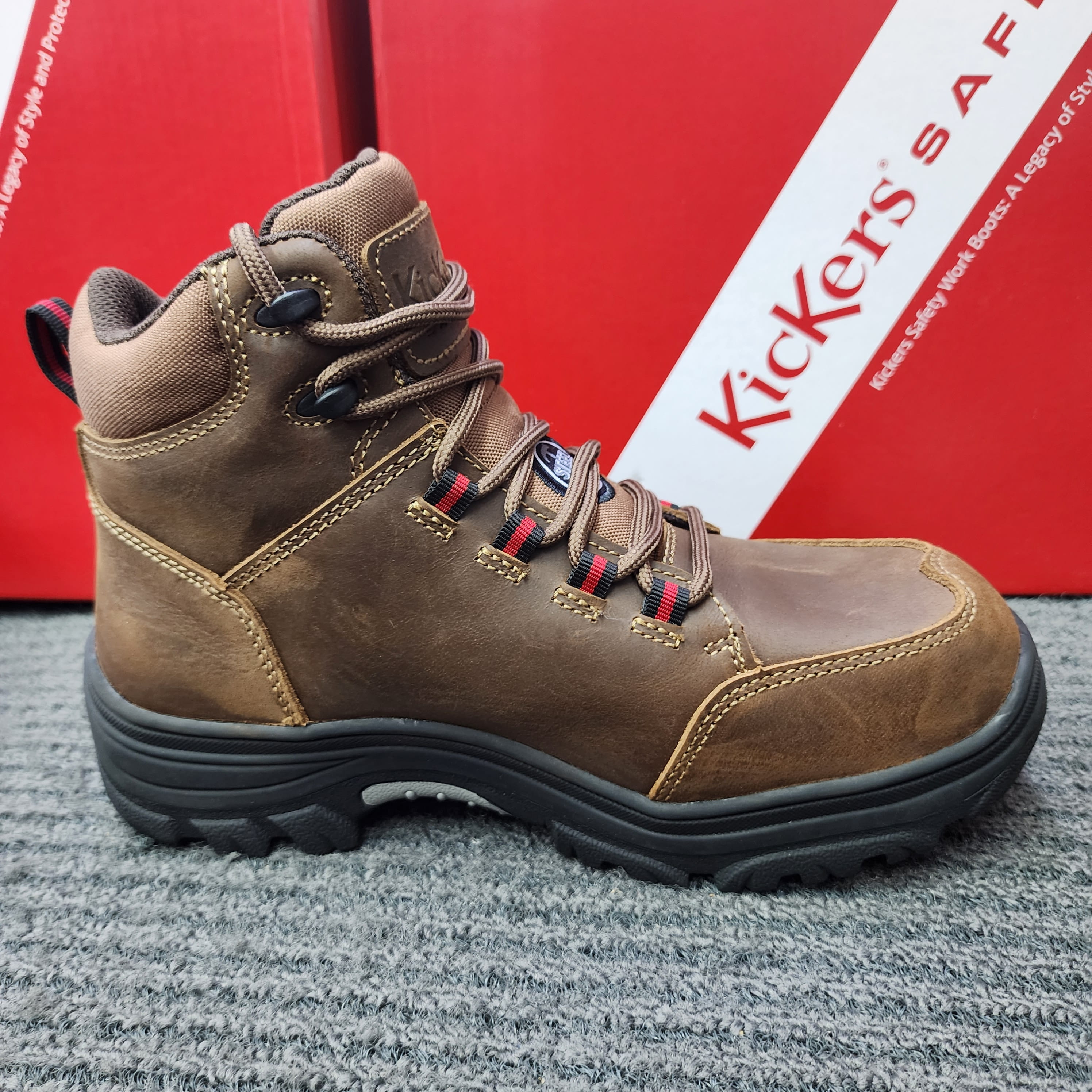 (FREE KICKER'S MINK OIL) KicKers Safety Shoes 1998 Black Brown Mid Cut Lace up Rubber sole Heavy Duty