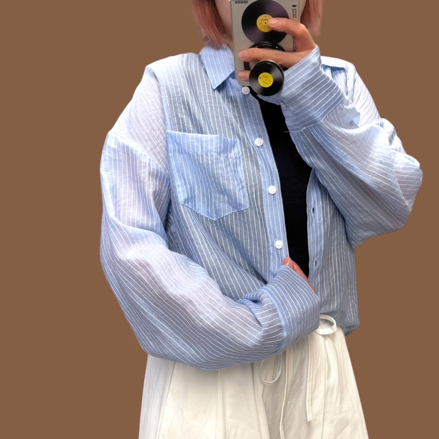221440 Pocket 暗直紋短身長袖恤衫