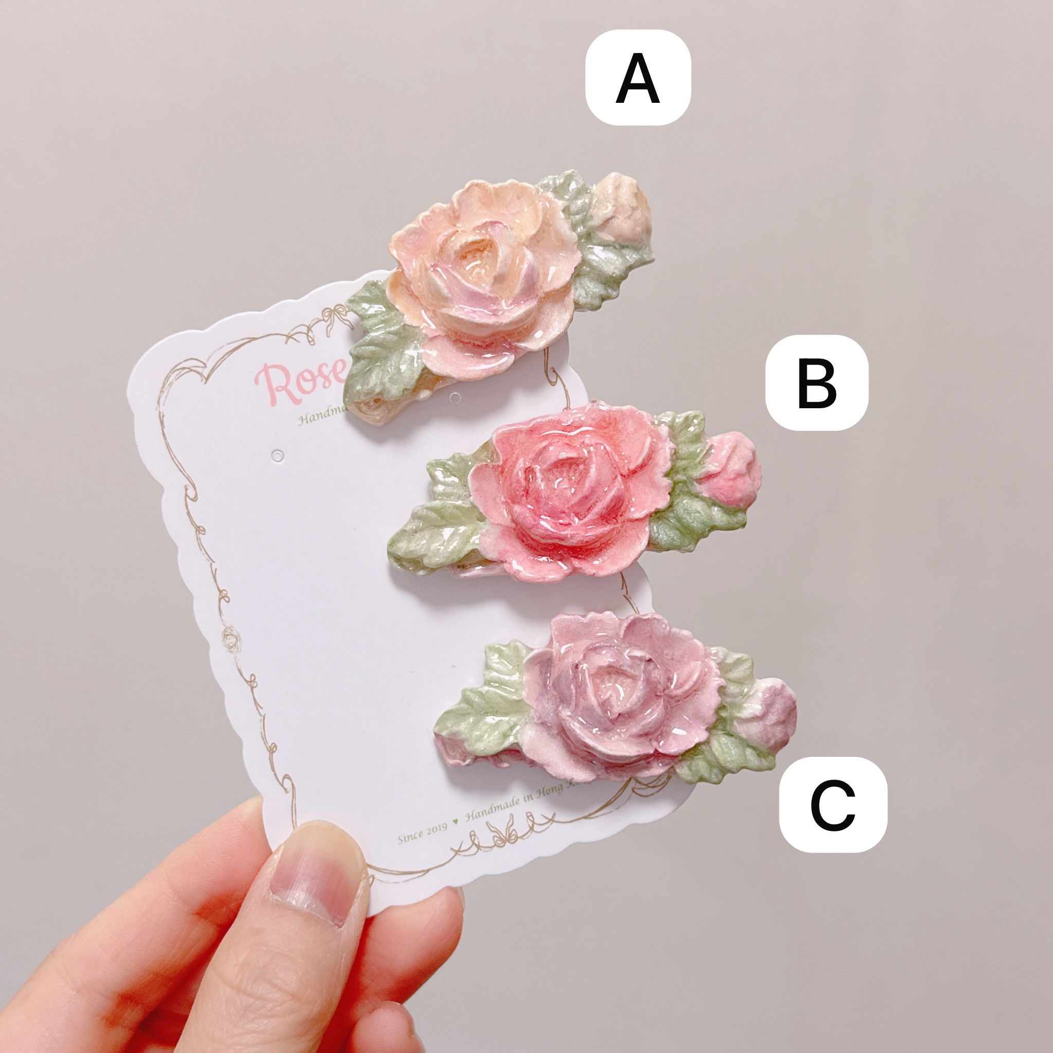 手繪淡淡玫瑰花🌹小髮夾 三色入