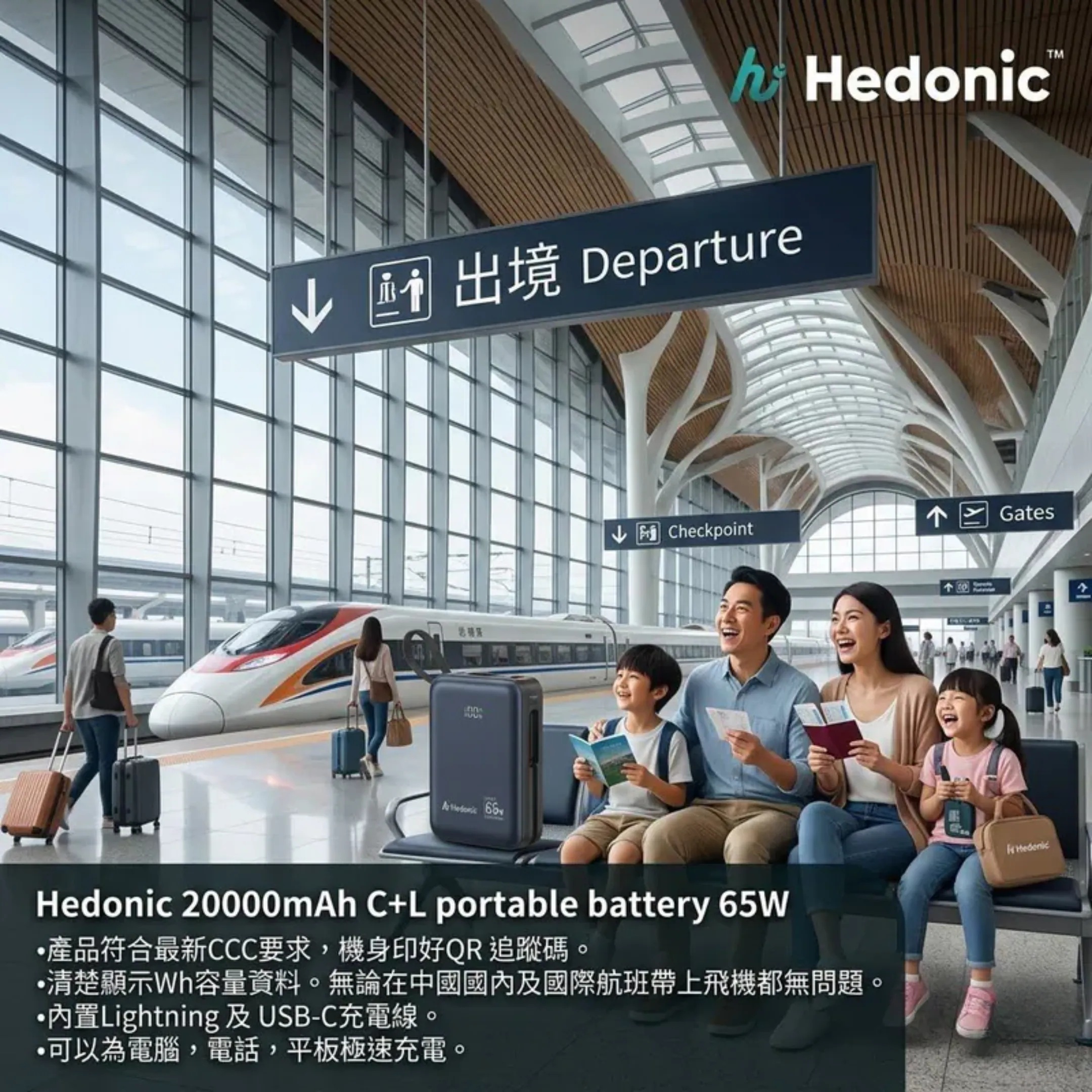 Hedonic PD 3.0 65W Lightning & USB-C 20,000mAh CCC & QR Code 自帶線移動電源