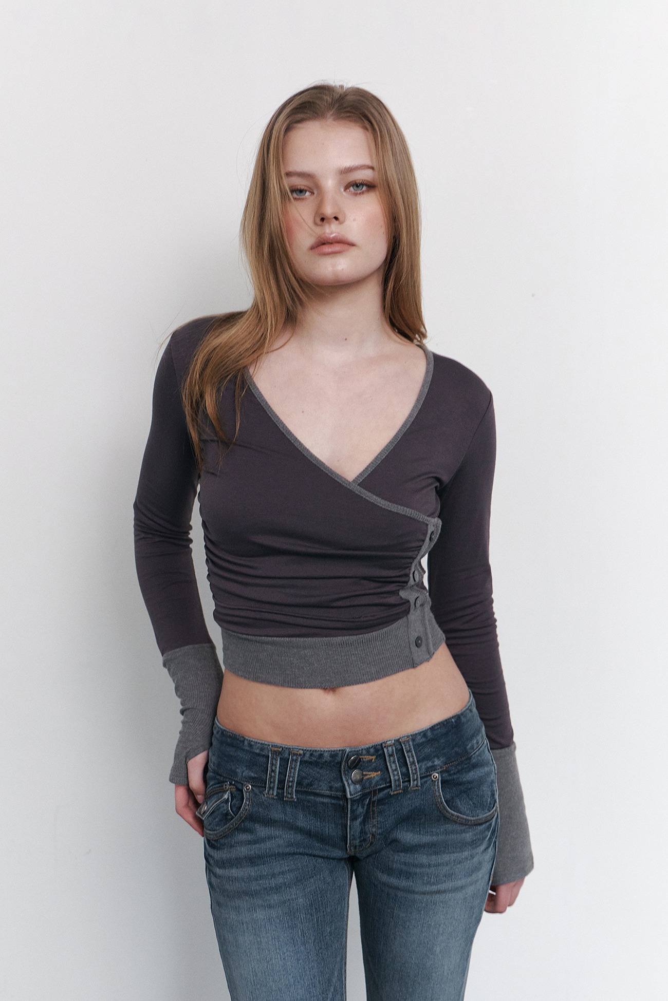 pleaseNOFOLLOW - Selena Button Wrap long sleeve Top (Charcoal)