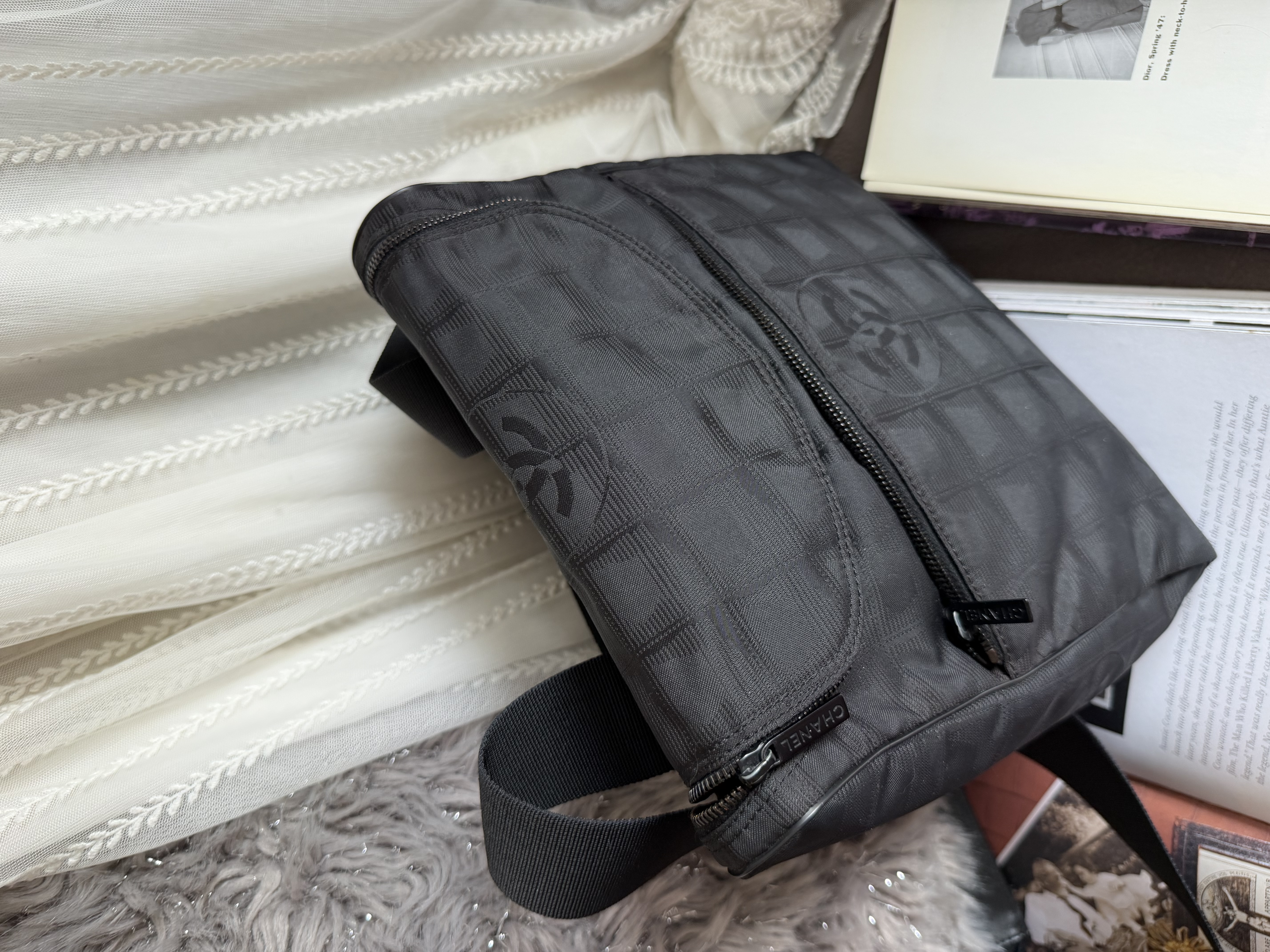 Vintage chanel black travel line backpack /shoulder bag 