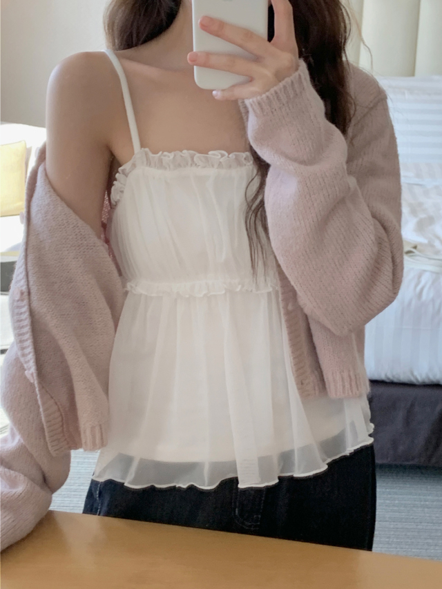 【 🌸♡今轉必入！自帶夢幻感Filter🫧雙層透紗水母吊帶背心💗 】 Bubble Gum Sheer Tank Top