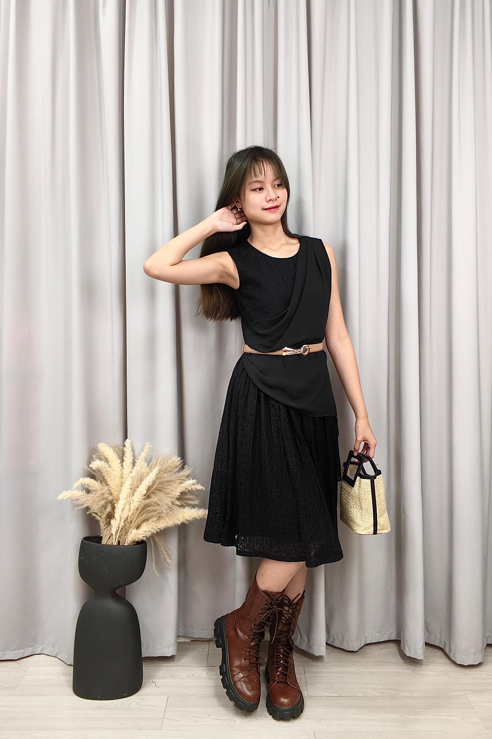 25793 Noir Draped Lace Midi Dress