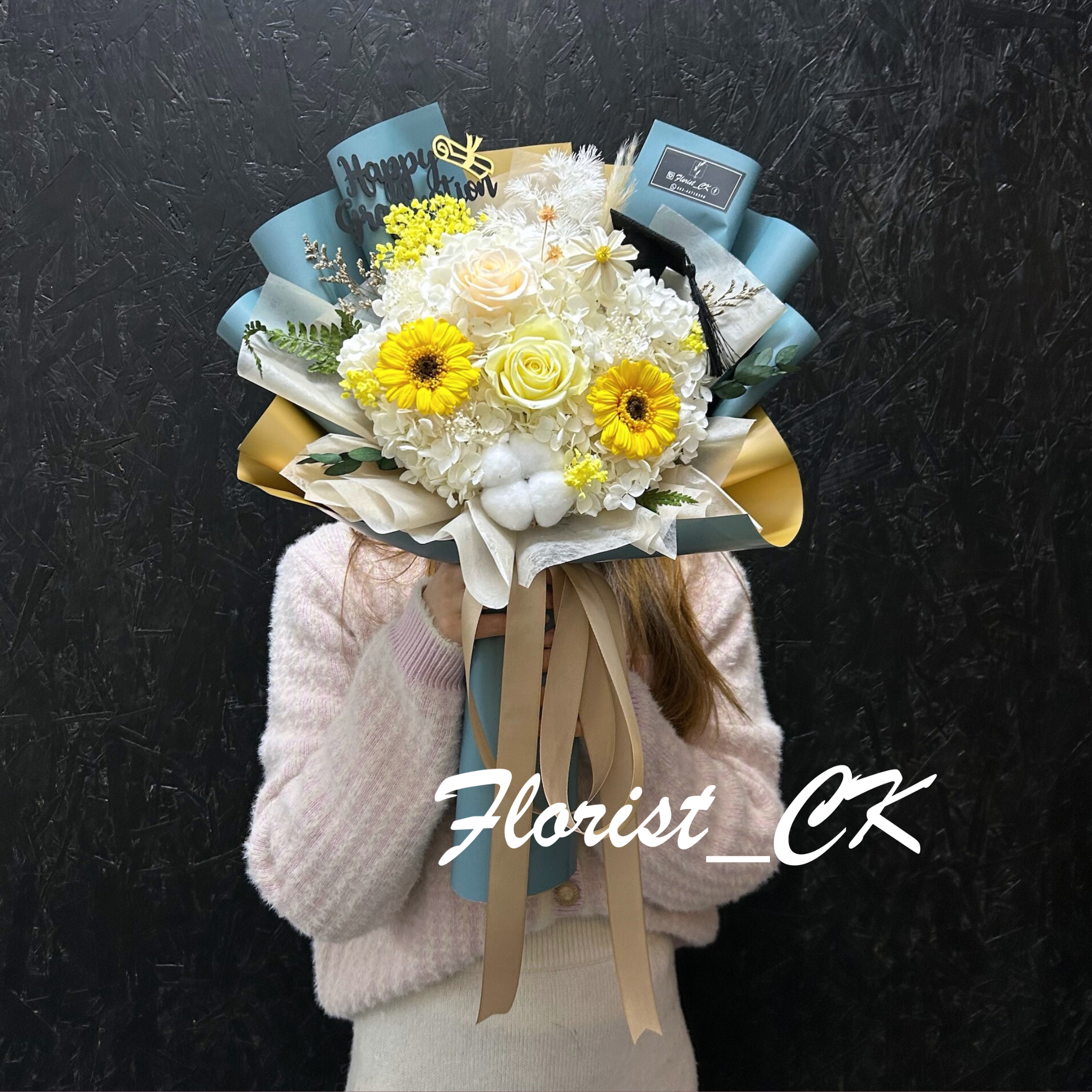 Creamy 藍金花紙｜畢業之選｜永生玫瑰太陽花花束 (預訂款)