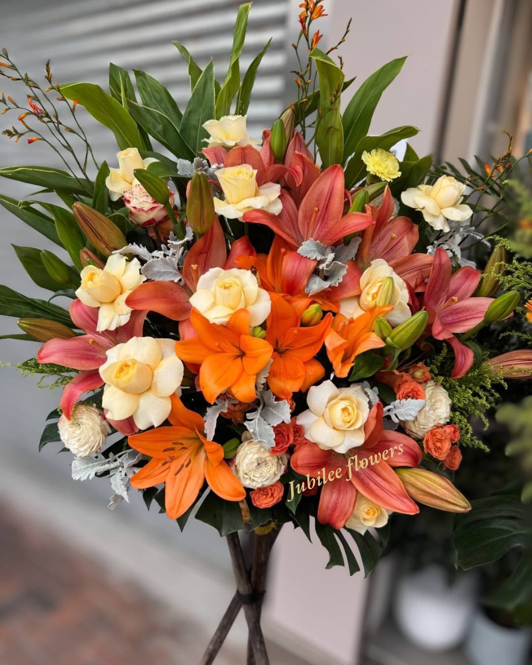 🎉【開張花籃】暖橙系列｜紅橙百合黃玫瑰開業賀籃