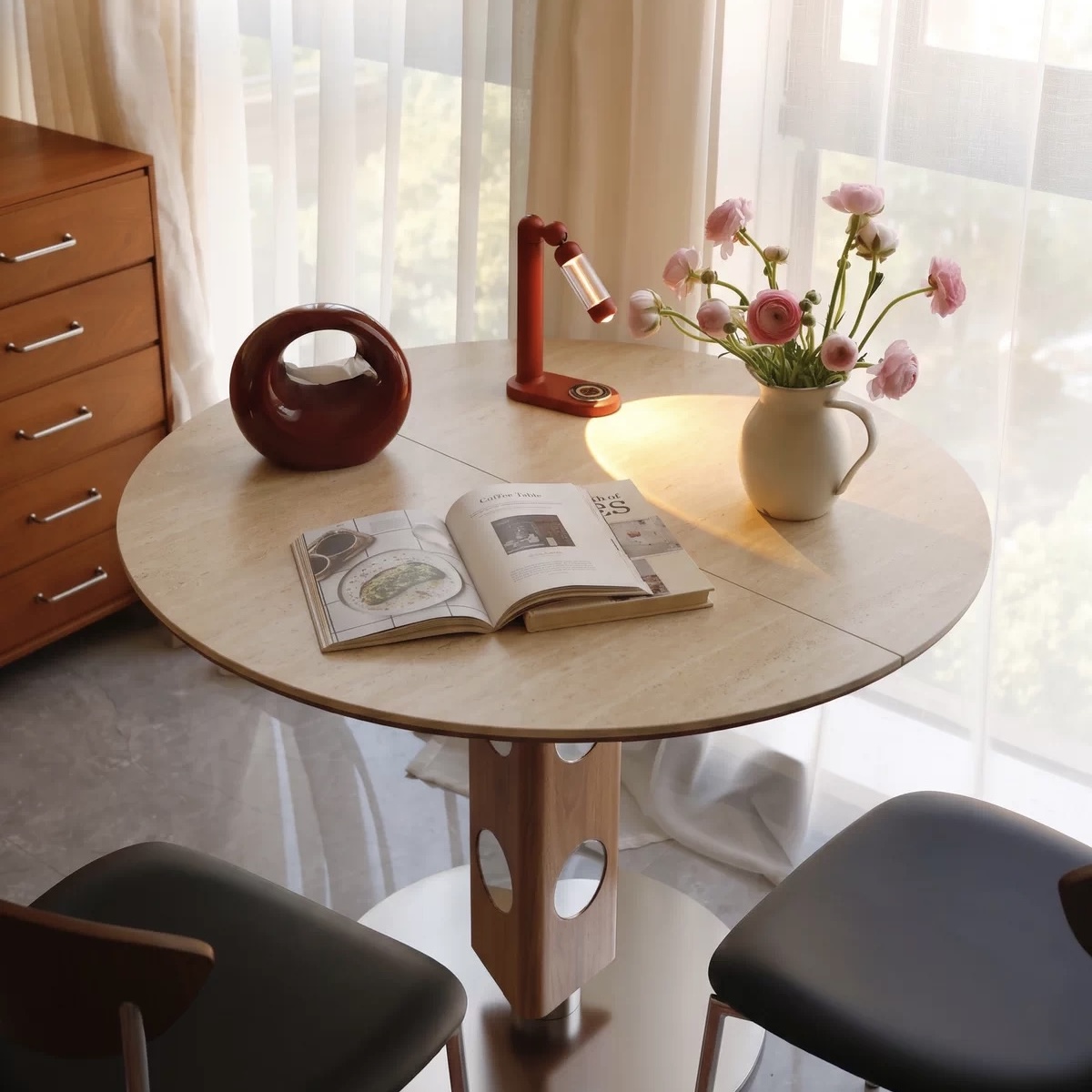 家用細單位方變橢圓岩板餐枱 中復古風 可伸縮摺疊實木食飯枱 Dining table
