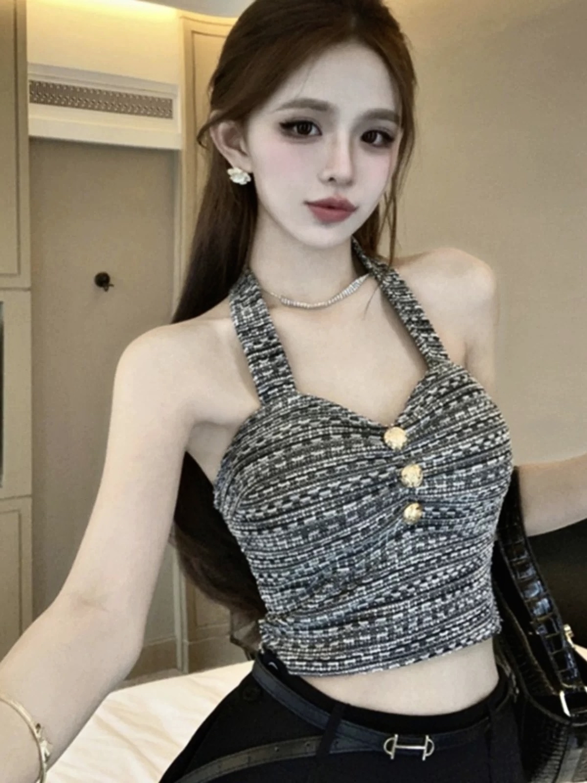 粗花露臍吊帶上衣