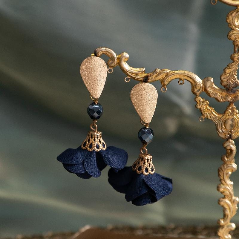 Modern Handmade in Italy Timeless Floral Blossom Fabric Flower Long Stud Earrings - Midnight Blue