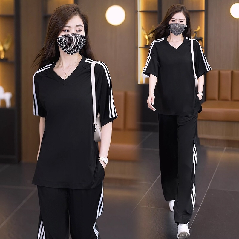 B191(2255) 韩系休闲运动风边撞色条纹上衣与长裤黑套装