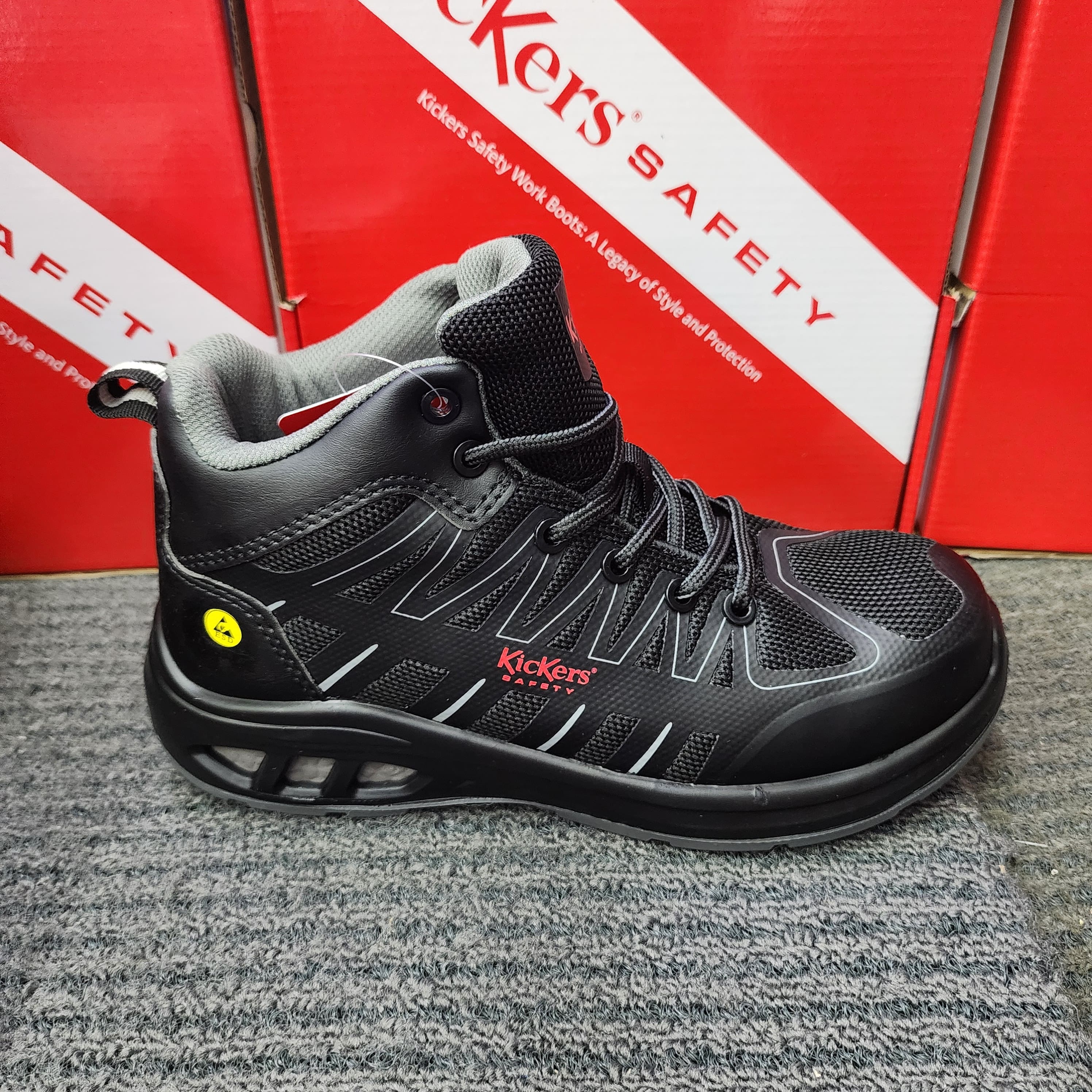 KicKers 2512 Safety Mid Cut Lace ESD Black Red Grey Safety Shoes Kasut Keselamatan