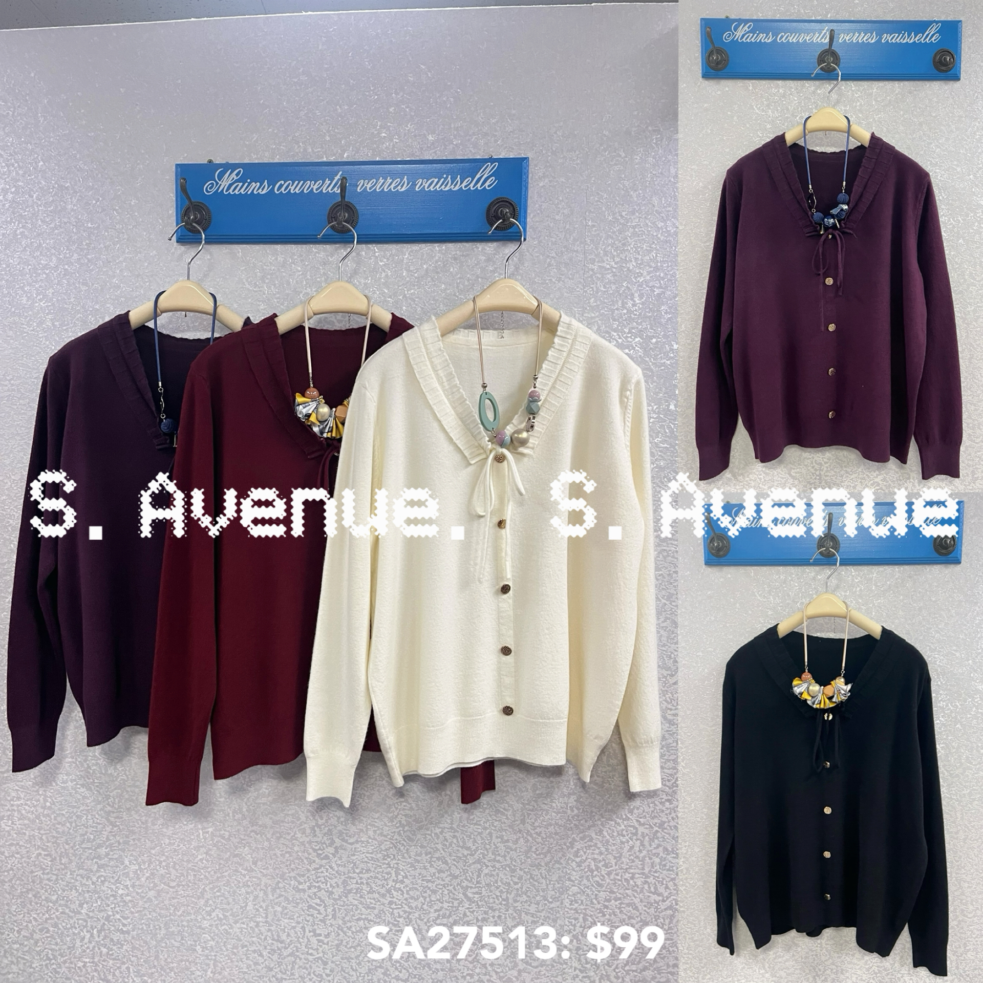 SA27513: 長袖V領綁帶假鈕top