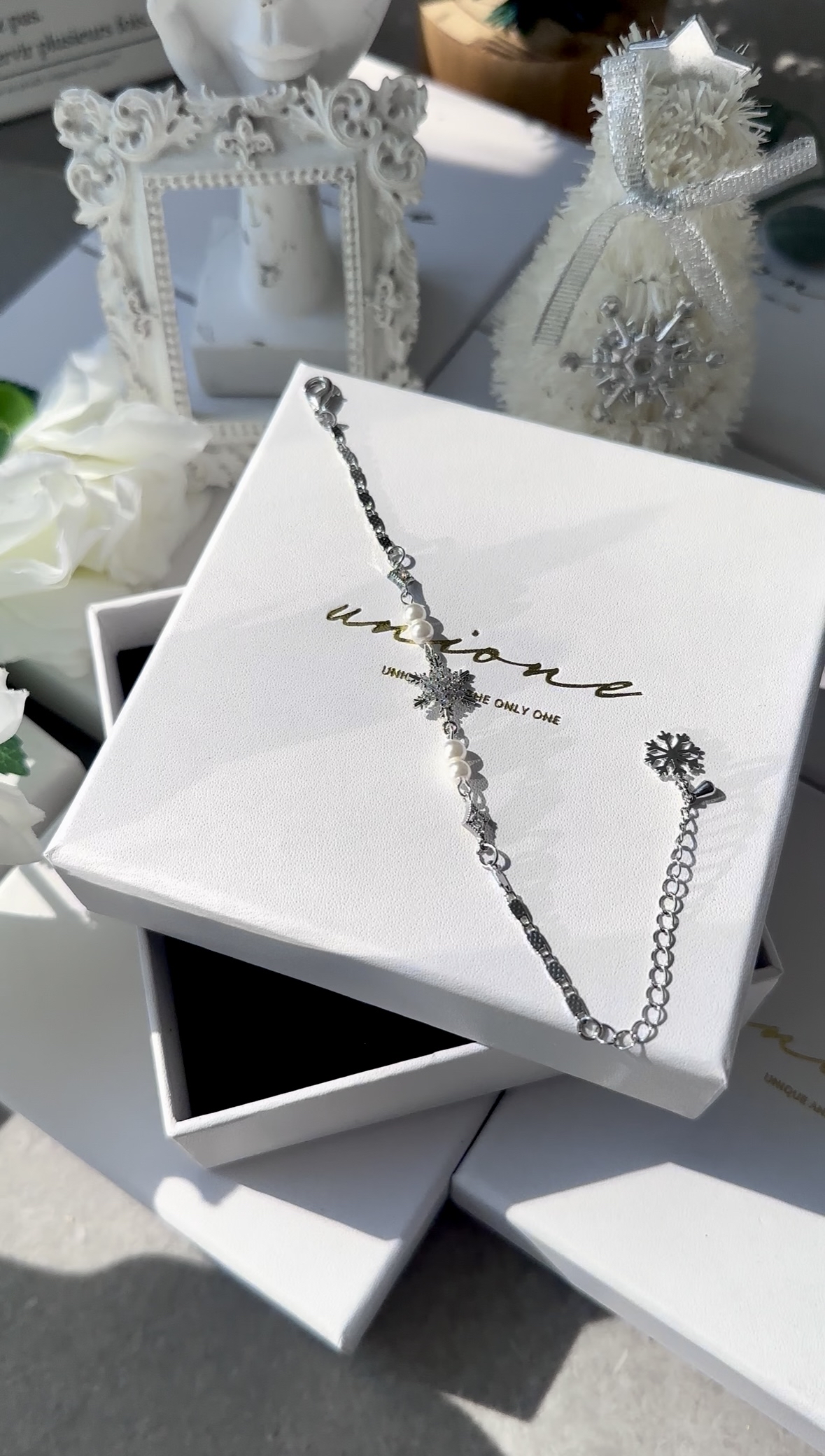 |🎄聖誕組合裝| 旋轉雪花鑽耳環(銀)❄️+珍珠雪花手鏈✨