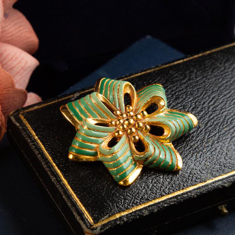 Antique 1920s Art Deco New Old Stock French Festive Green Gift Ribbon Brooch