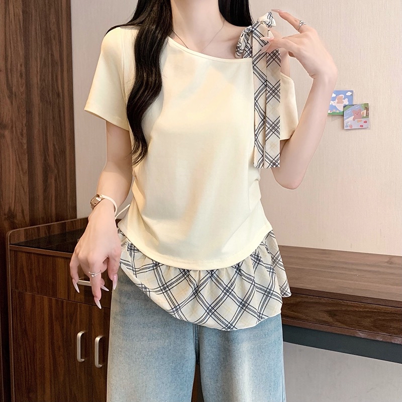 B289(24129) 法式拼接格纹斜肩系带与下摆黑杏上衣