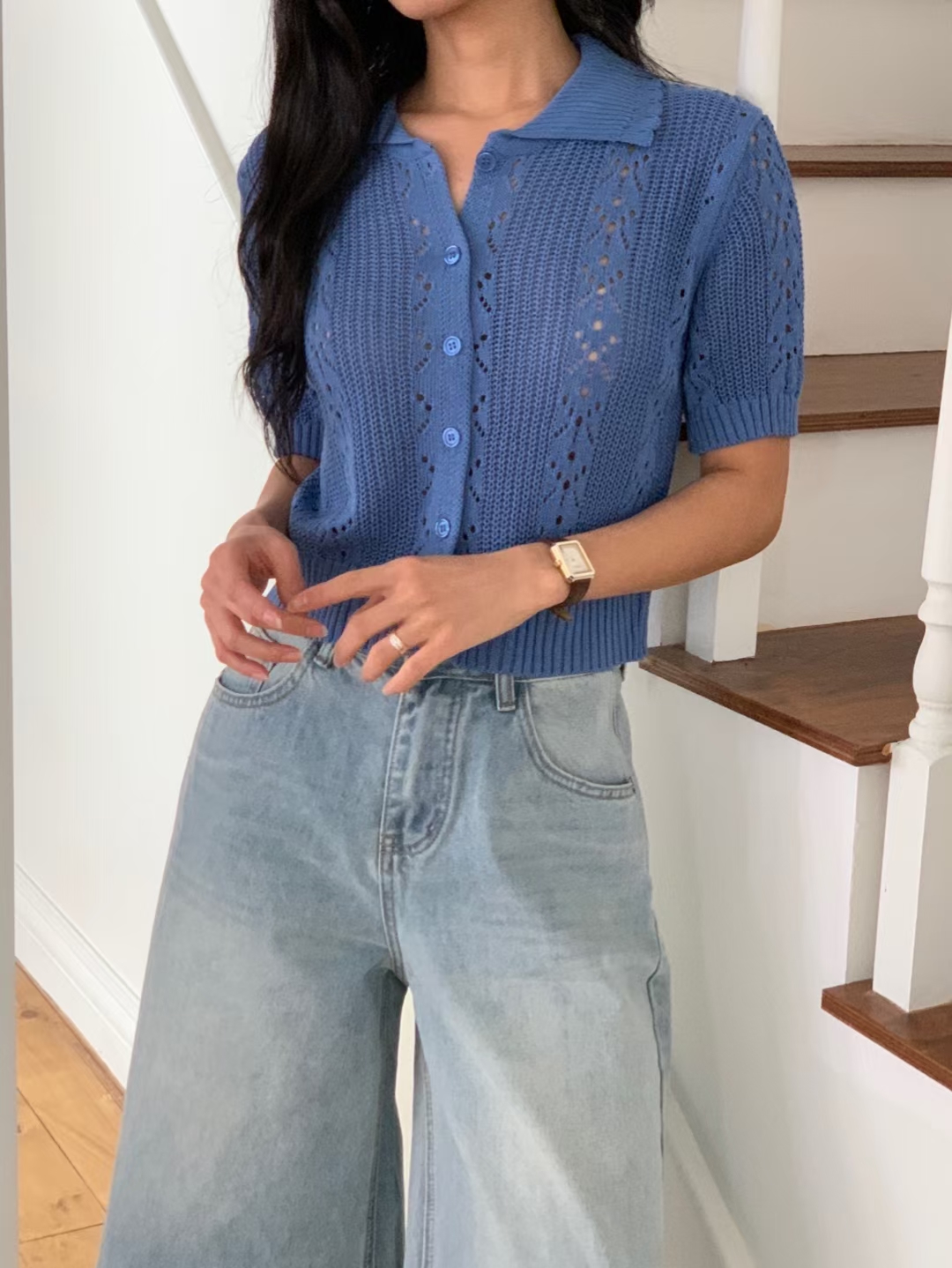 Crochet Knit Short-Sleeve Cardigan Top with Collar ‖ 镂空针织短袖翻领开衫上衣 KR014619