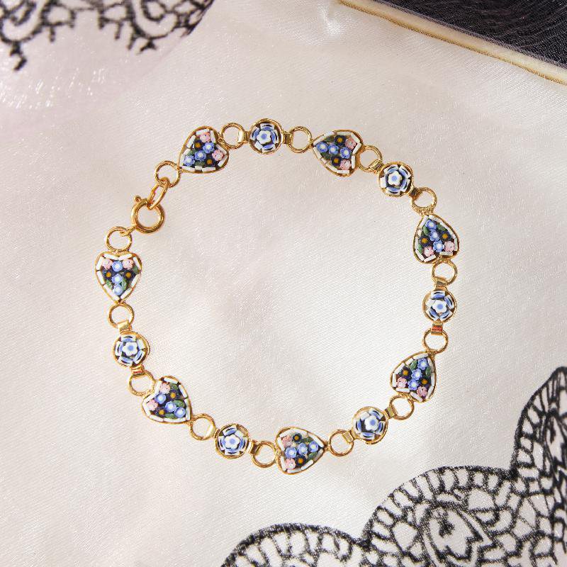 Vintage C.a. 1960s Italian Mosaic New Old Stock Bracelet - Heart Shape Floral - #7 White (FA229~FA235)