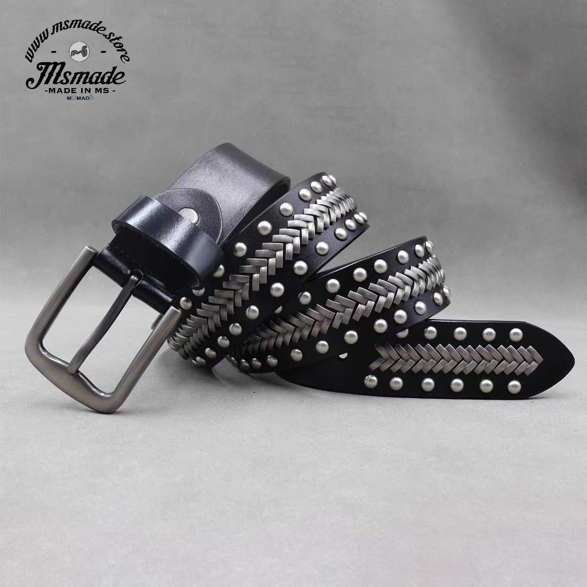 M011復古鍋釘二層牛皮皮帶