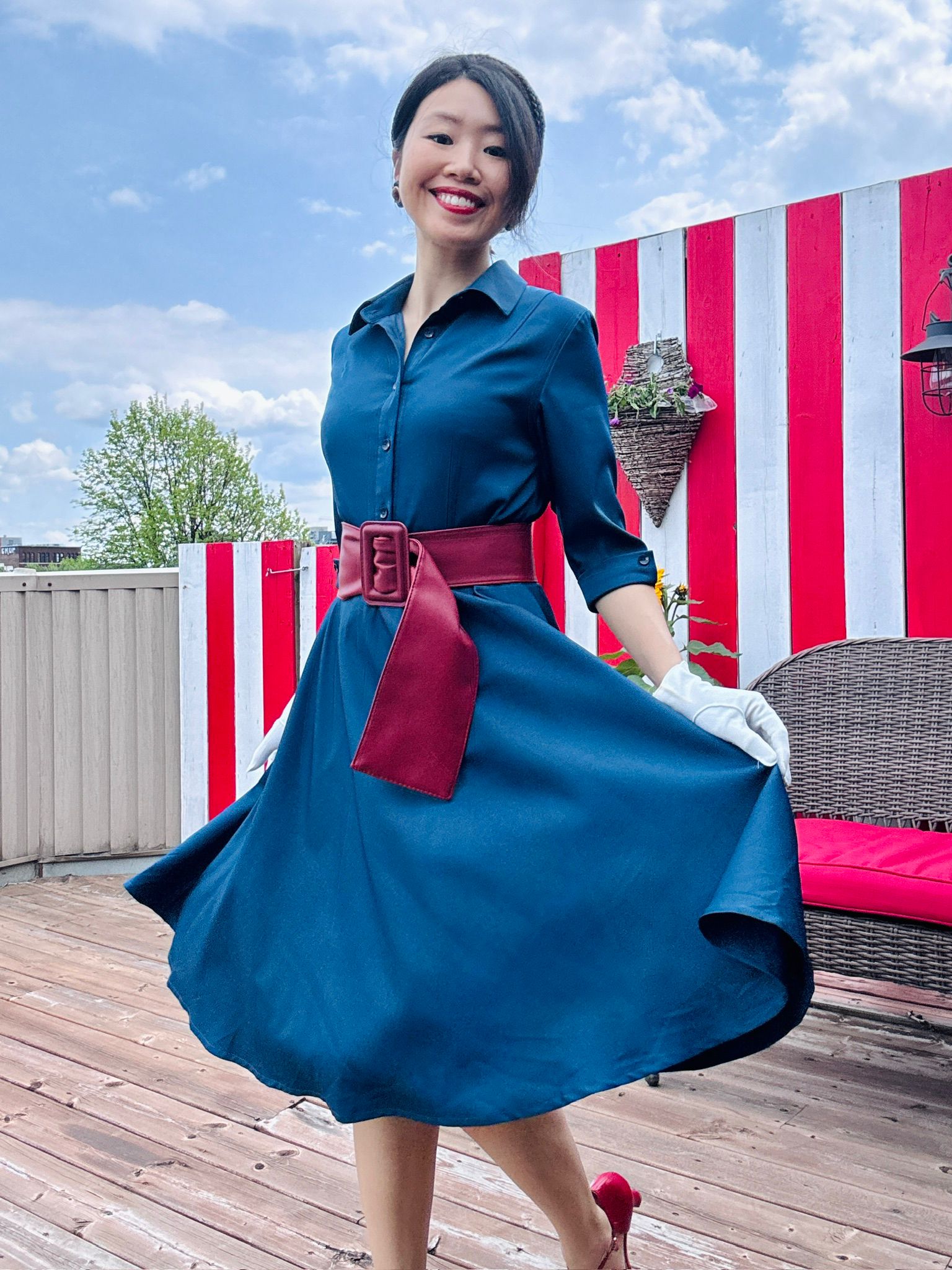 (Custom-Made) Midnight Heirloom Shirtdress with Vintage Buttons and Belt (FM237)