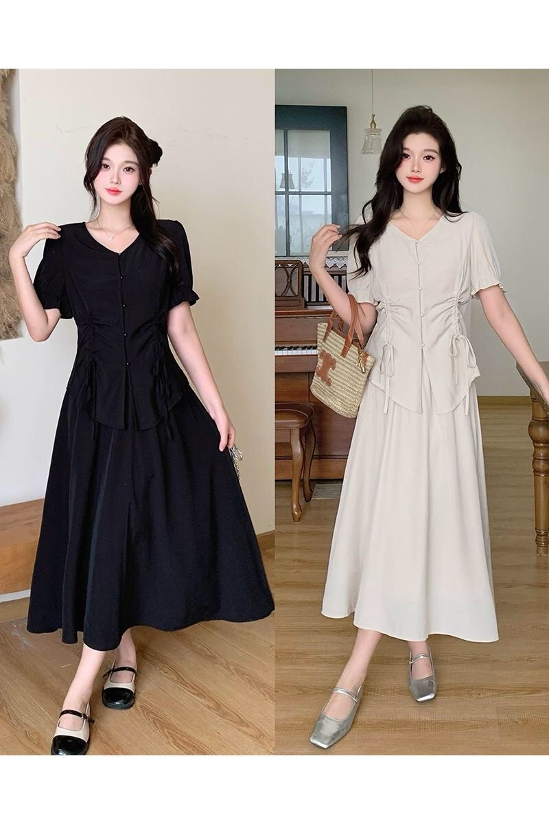 B202(63147) 韩系气质高级感双边腰抽绳褶皱上衣与长裙黑杏套装