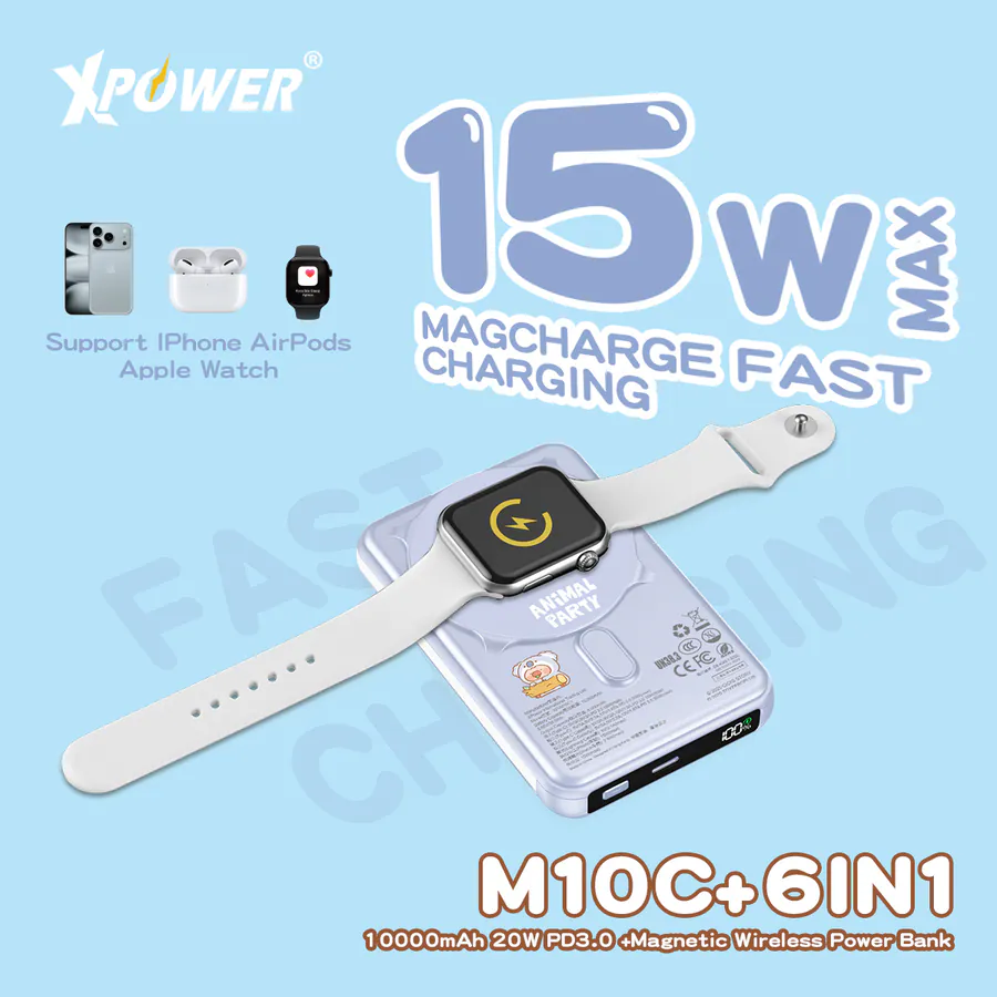 CCC | 3C認證 XPower x 罐頭豬LuLu🐷M10C+ 6合1 10000mAh多功能迷你20W PD3.0+ 磁吸無線快充移動電源