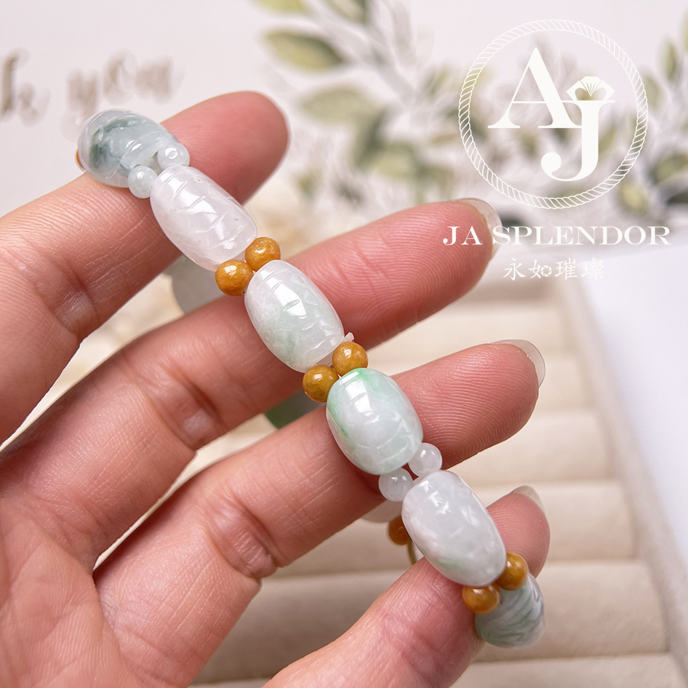 OF-06-J 天然翡翠A玉 - 冰潤三彩長壽吉祥龜貝手串