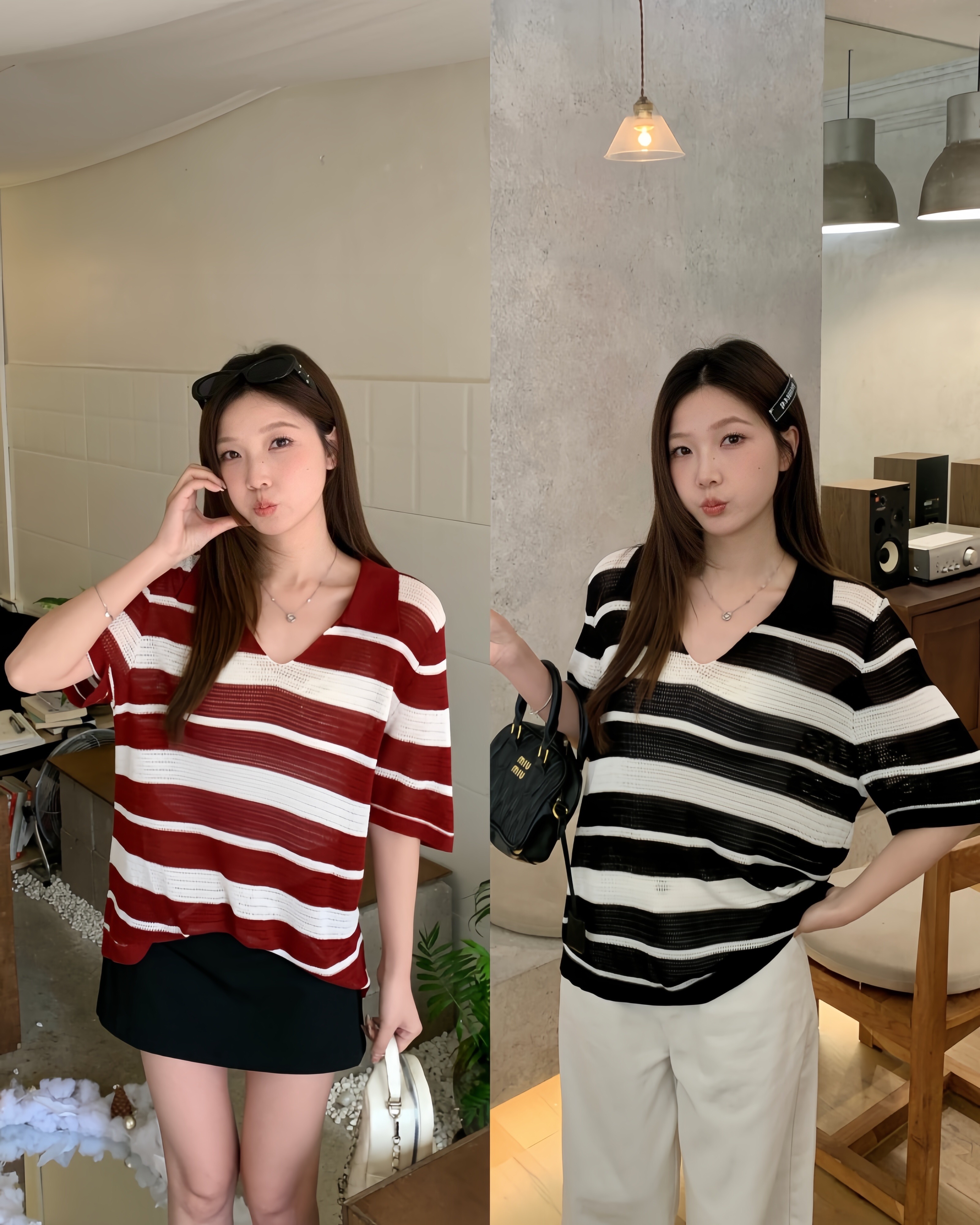 B56(68755) 韩版慵懒风撞色横条纹翻领钩花针织黑红上衣 