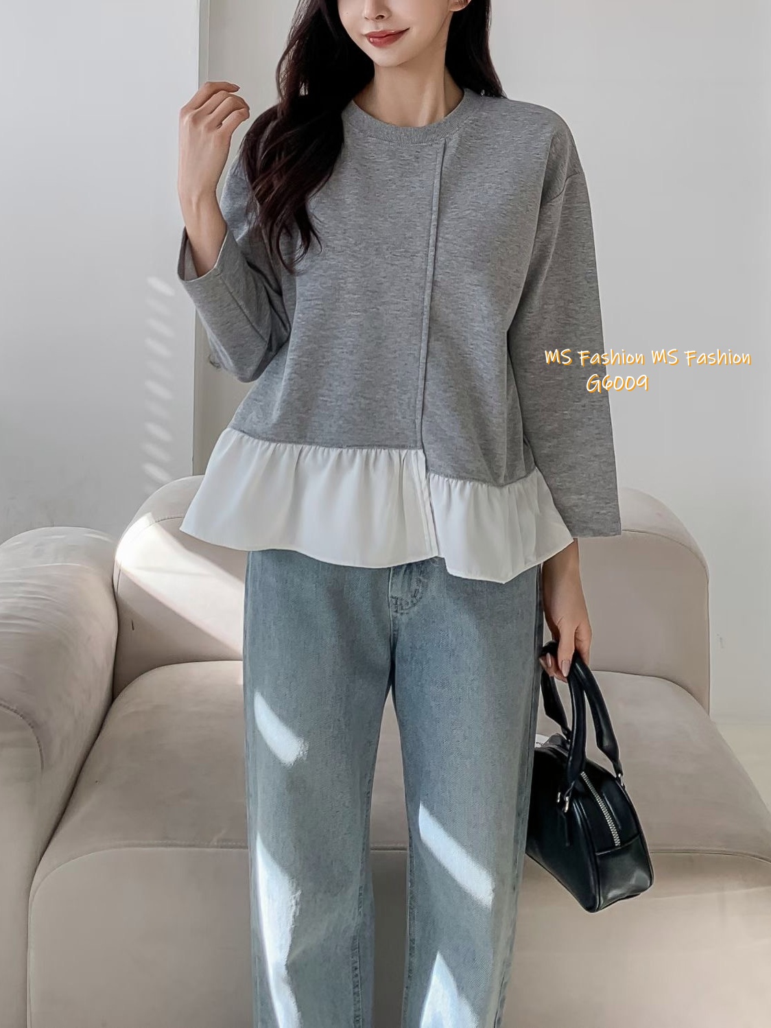 G6009 韓國🇰🇷拼色ruffle衫腳top