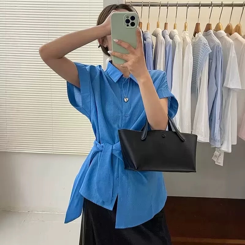 法式不规则收腰绑带设计短袖衬衫｜CN0124065BLUE