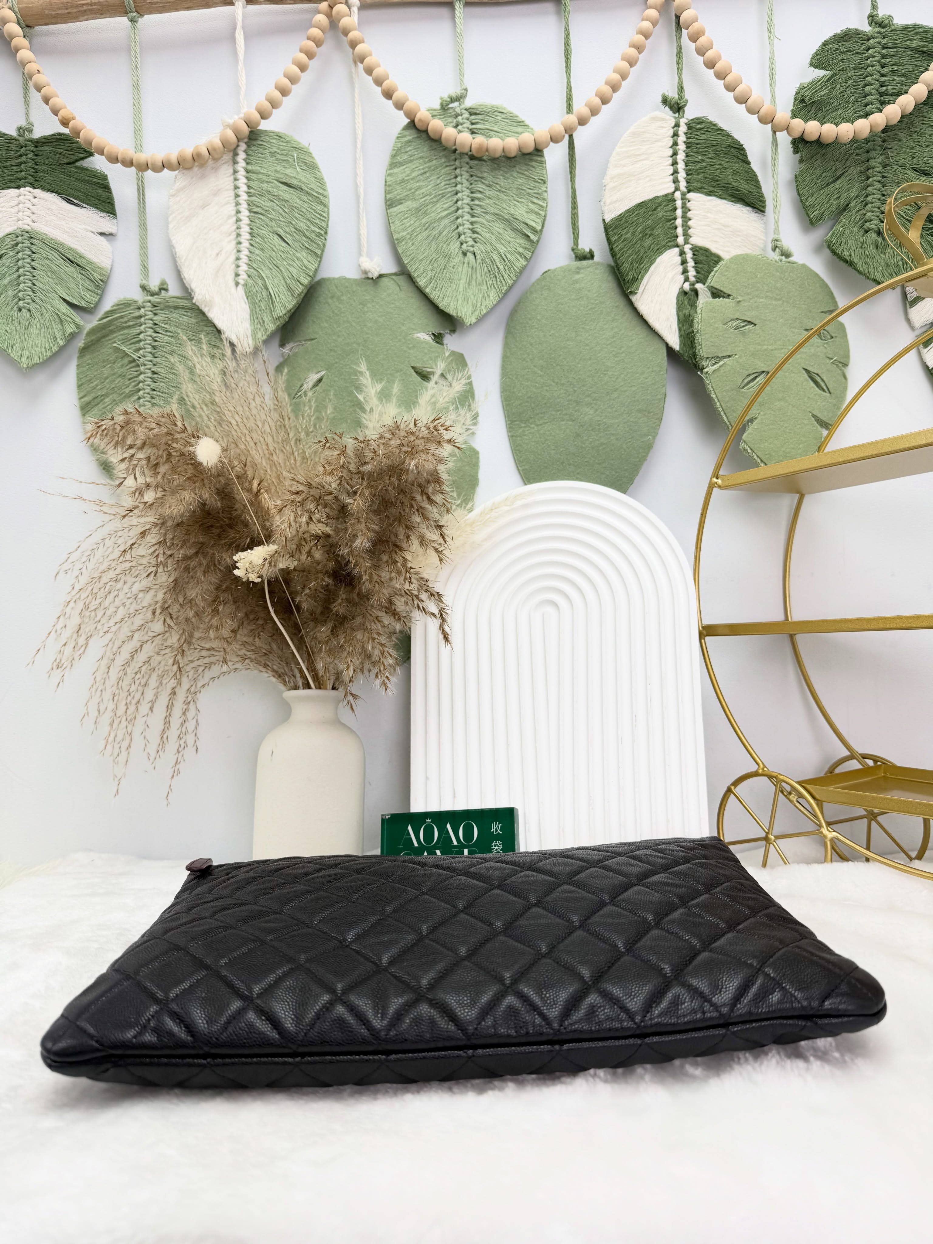 Chanel👜 PRE OWNED 🛍️黑金荔枝紋皮手拿包 🖤 