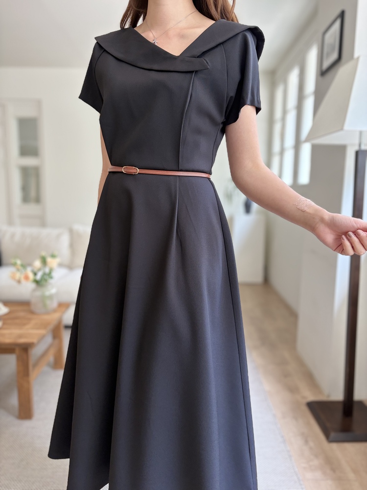 Sailor Collar Belted Dress (Black)
