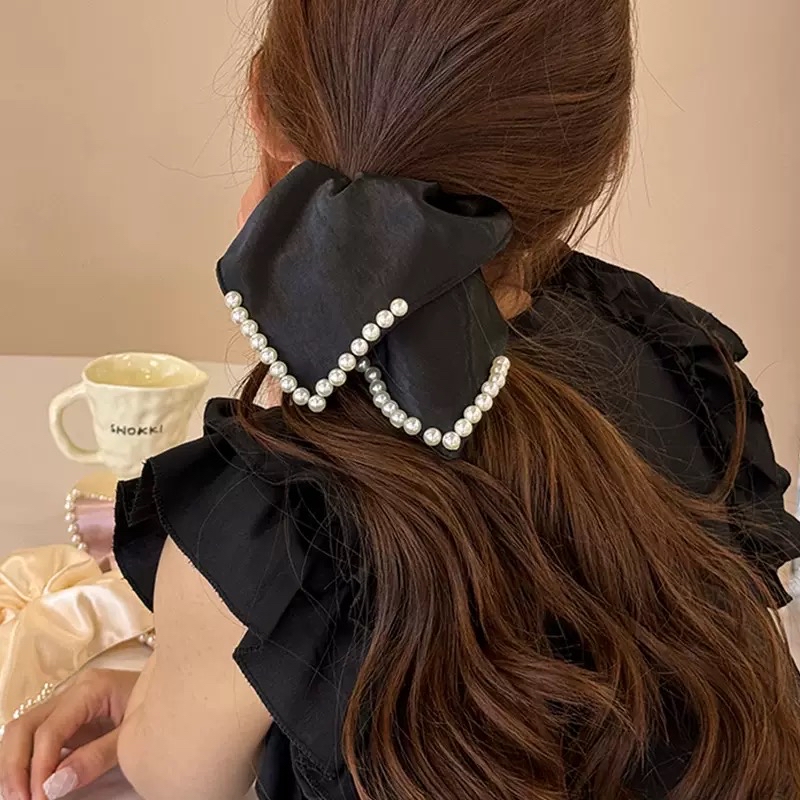 法式缎面珍珠方巾发圈