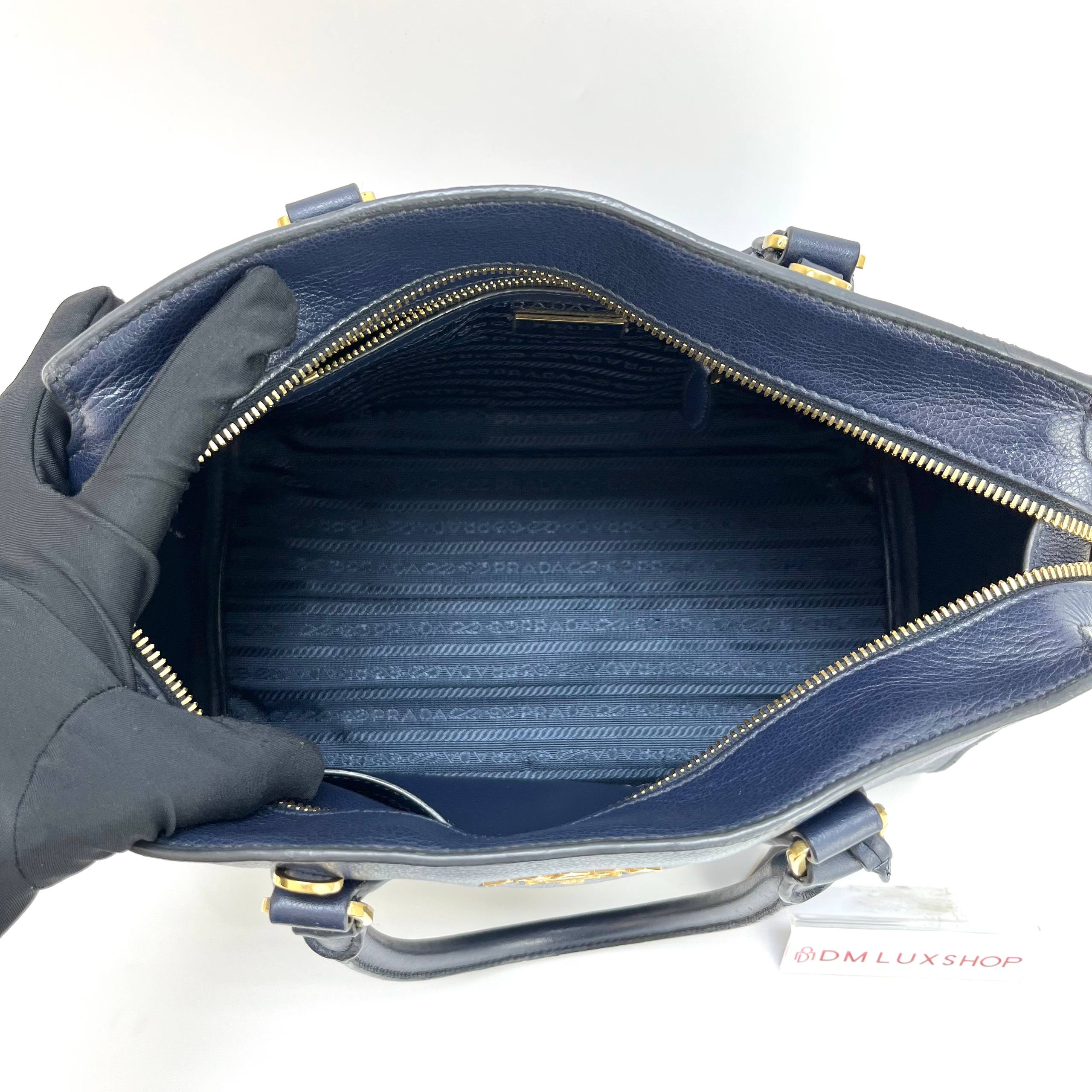 Prada Calf Leather Top Handle Tote Navy GHW