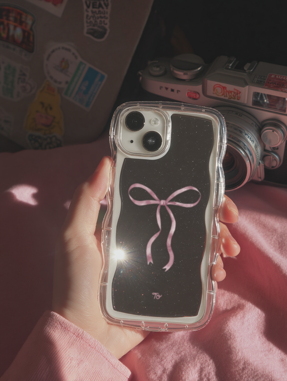 【Silky Pink Ribbon(L)】波浪邊框鏡面 iPhone Case