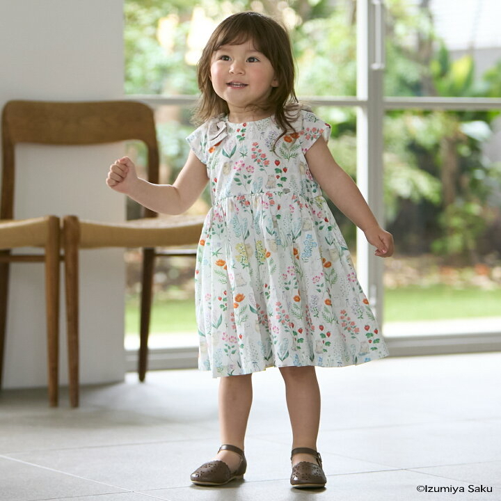 🇯🇵預訂 日本直送🇯🇵Petit Main x Izumiya Saku兩色花卉小貓滿印蝴蝶結短袖連身裙