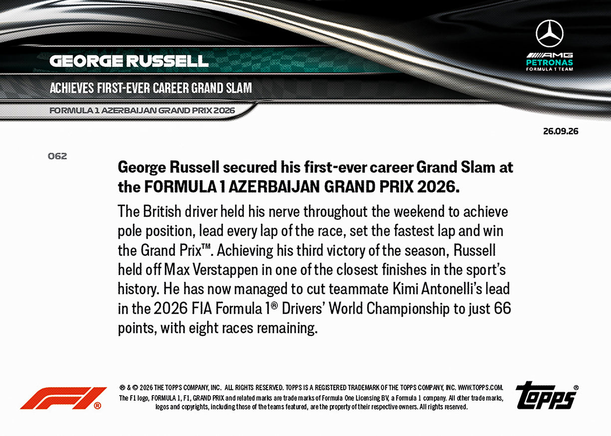 George Russell - 2026 F1 Topps NOW® #62 Azerbaijan GP Grand Slam 贏車卡【團購】