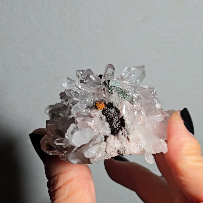 Pink Lemurian quartz cluster with green chlorite inclusions - LQ191