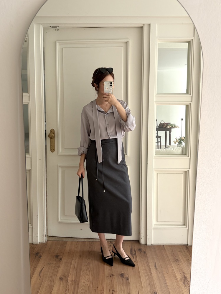 Two-way Tie Detail Blouse (Grey)