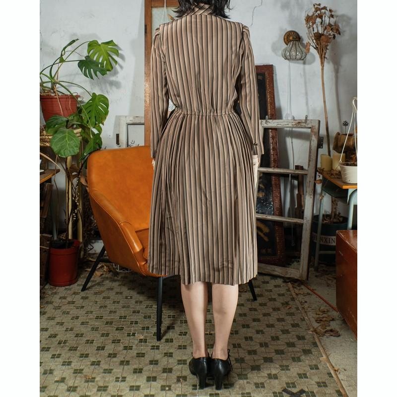 Vintage Toffee Tone Striped Pattern Button Up Day Dress (MT1608-148)