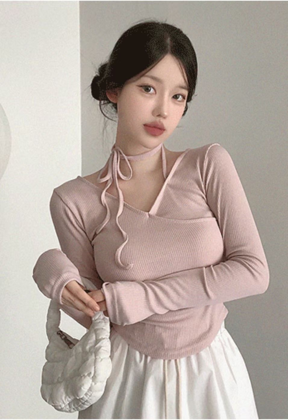 【 新品追加🍓 | 超韓！甜美度爆表⋆˚ʚɞ設計感交疊綁帶直紋上衣🎀💕 】 Sweetie Cross Ribbon Top(三色入)