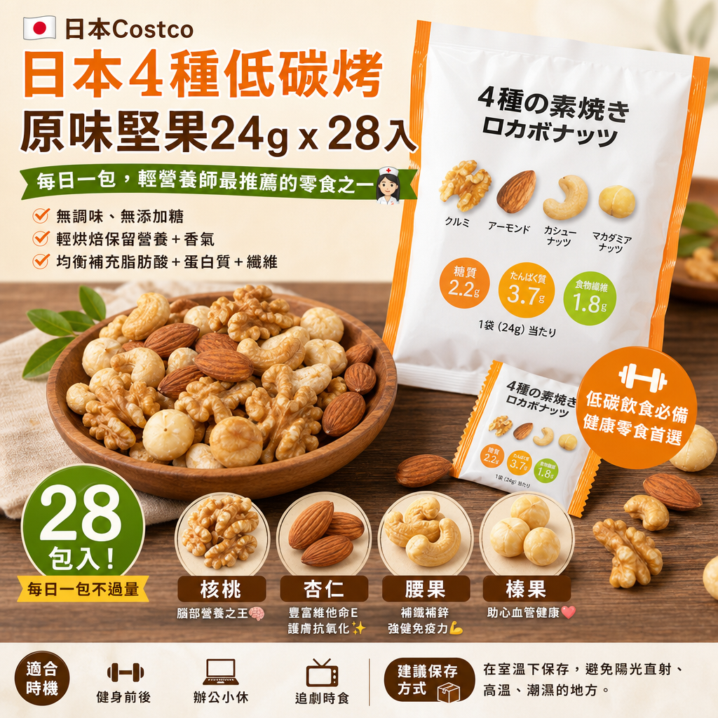 日本Costco  日本4種低碳烤原味堅果24g x 28入