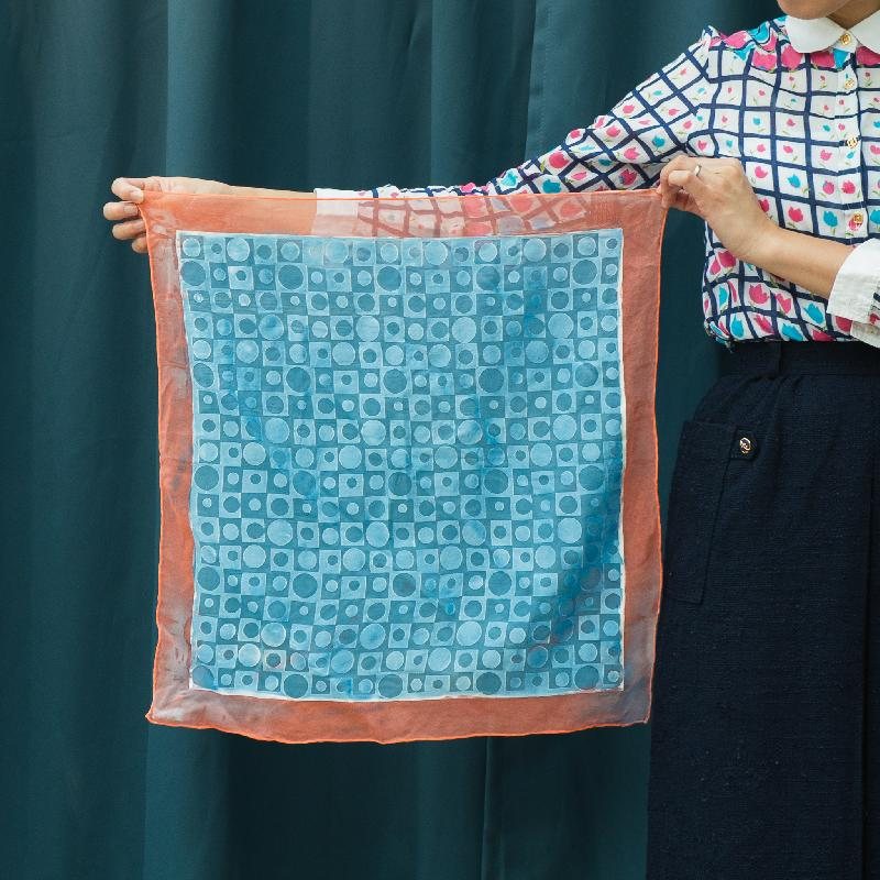 Vintage MOD Pattern Peach Pink & Sky Blue Geometric Pattern Small Square Sheer Scarf - 72% Rayon; 28% Silk(MT1602-1)