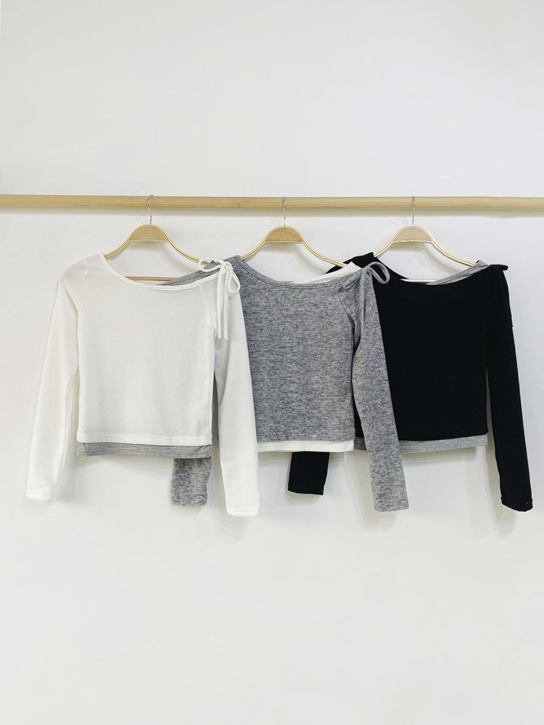 韓國斜膊單邊蝴蝶結綁帶假兩件Top