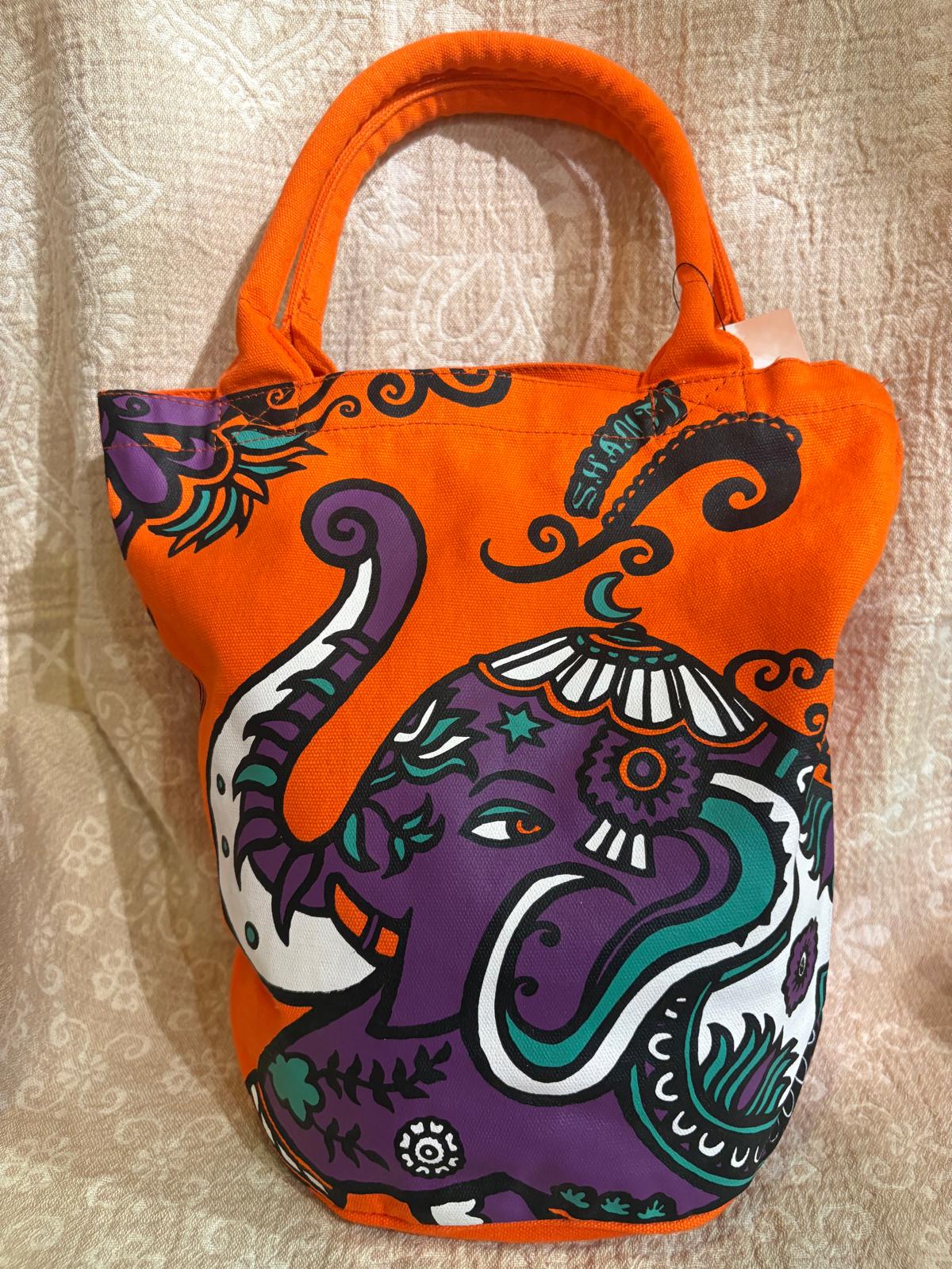 日本牌子Amina - 橙色底配大笨象印花手提水桶包