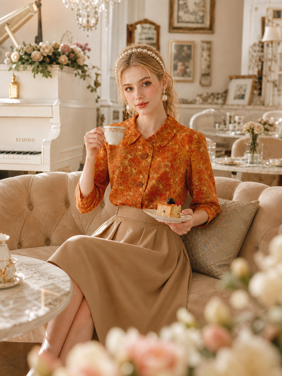復古午茶橘紅碎花翻領襯衫Aurelia Vintage Floral Blouse