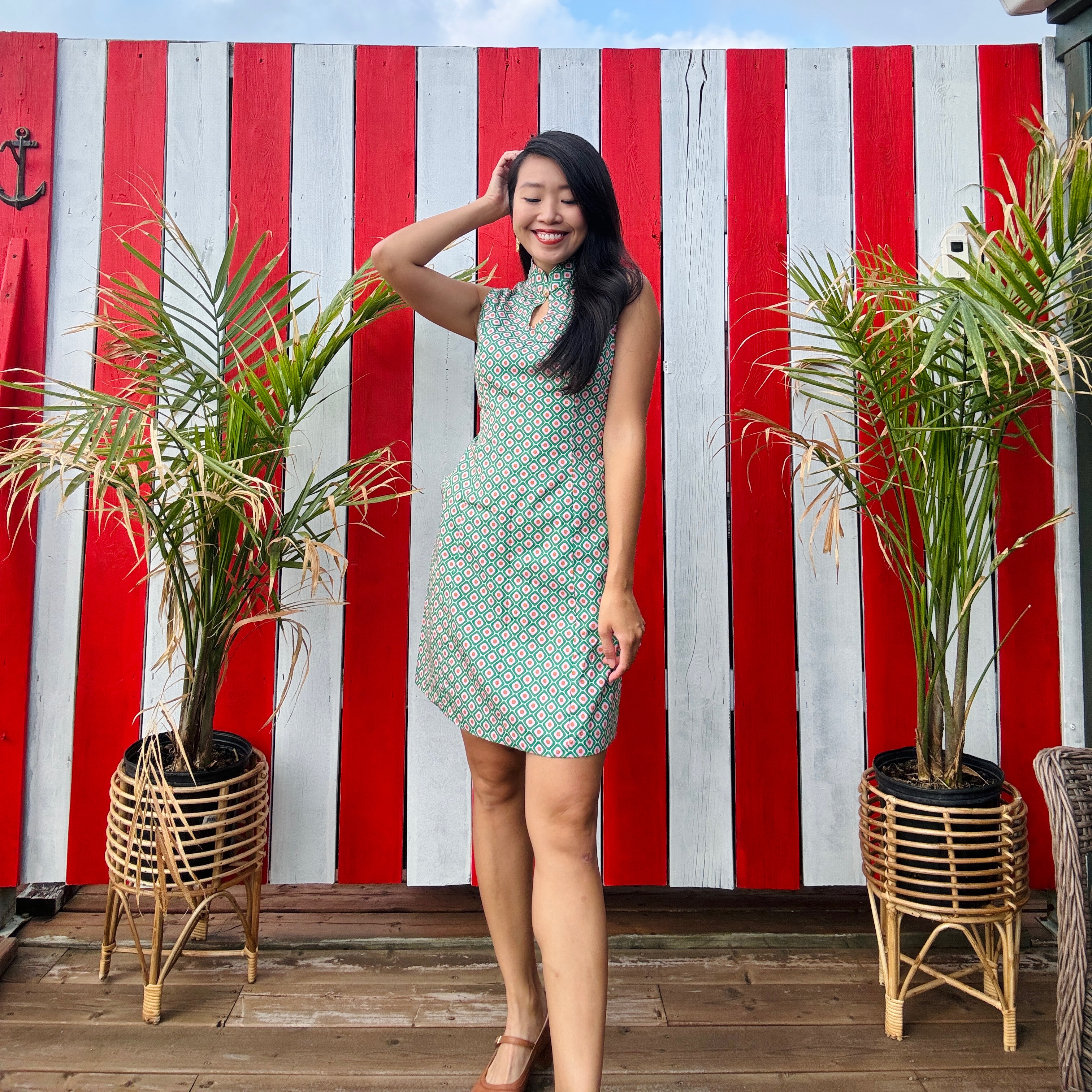 (Ready-made)100% Organic Cotton 60s Style Green Vintage Pattern Mandarin Collar Shift Dress (FM166)