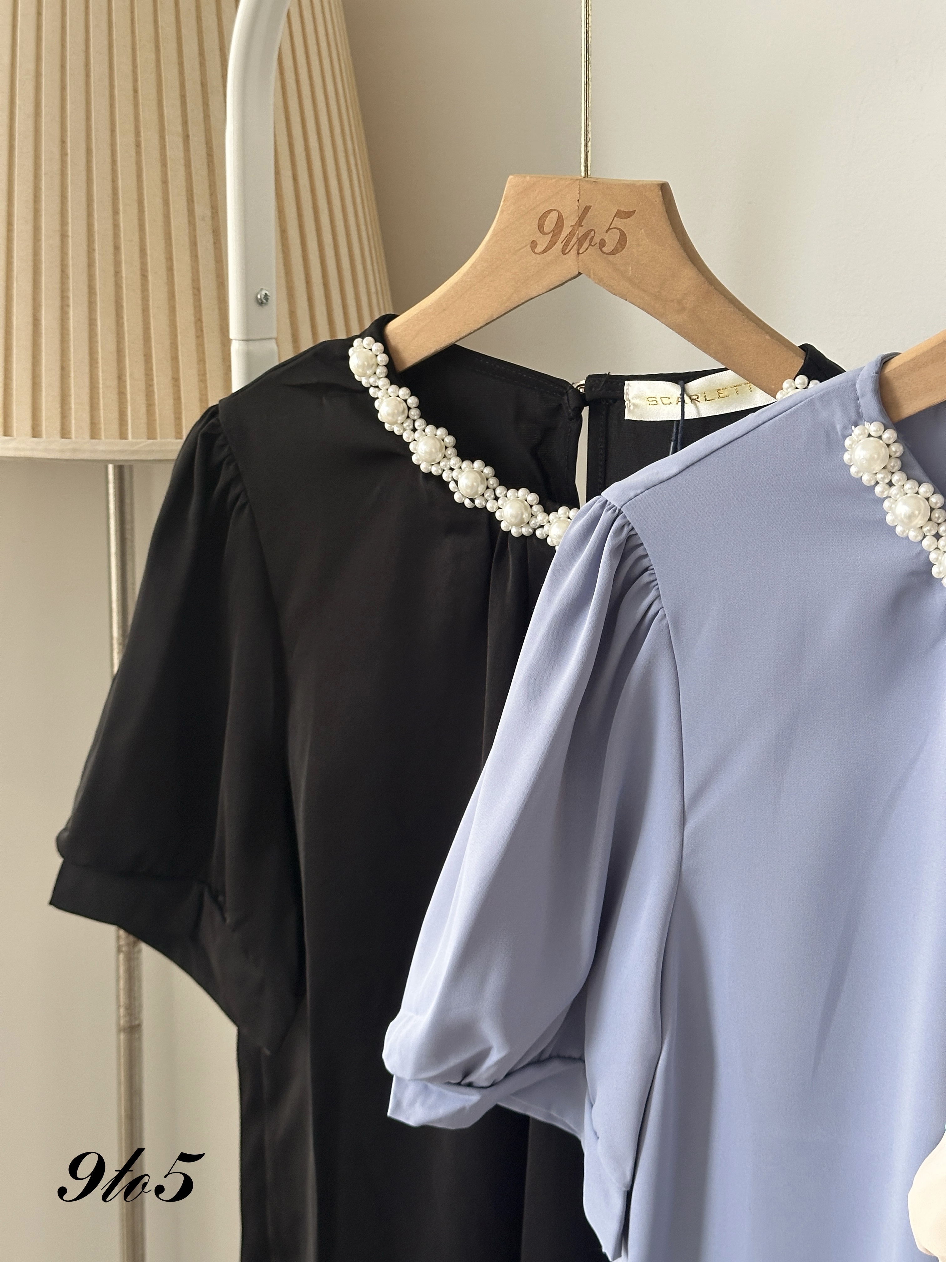 T4071 Puff Sleeve Pearl Collar Top - 3 Colors 