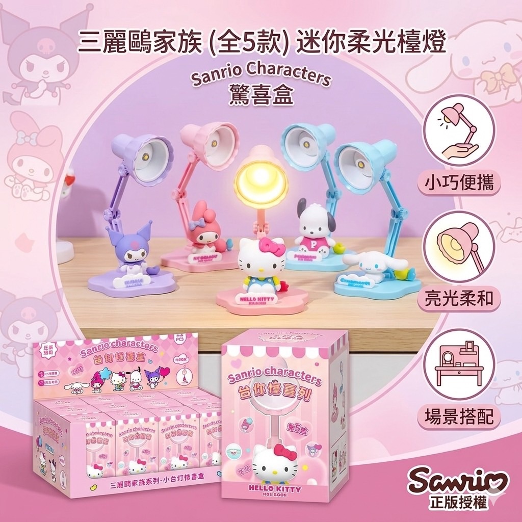正版授權 $58盒。2盒起$48盒。台灣 Sarnio 家族 迷你柔光檯燈驚喜盒